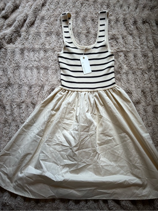 By Together Dresses & Skirts - By Together Cream and Black Striped Knit Bodice Midi Dress